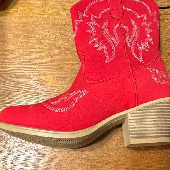 🆕Women Bright Red Faux Leather Ankle Cowgirl Pull On Pointed Toe Short Boots - Picture 1 of 13